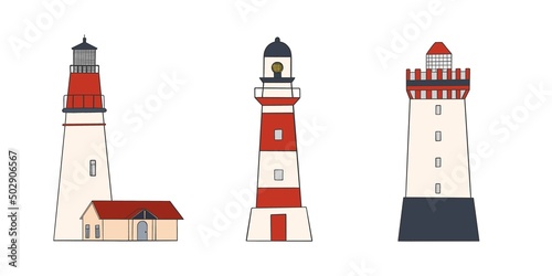 Illustration set of lighthouses, illumination of the path.  Searchlight towers with searchlight beam for sea navigation of ships.  Flat lighthouse building icon.
