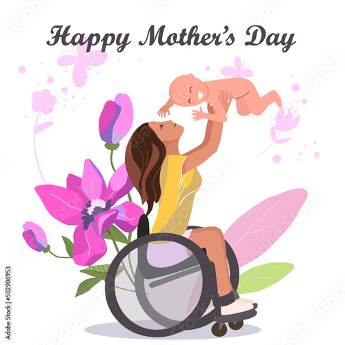 A girl in a wheelchair throws a baby in the air, magnolia and hibiscus in the background, flowers, happy mother's day.