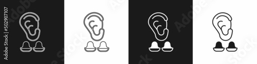 Set Earplugs and ear icon isolated on black and white background. Ear plug sign. Noise symbol. Sleeping quality concept. Vector