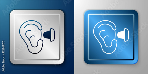 White Earplugs and ear icon isolated on blue and grey background. Ear plug sign. Noise symbol. Sleeping quality concept. Silver and blue square button. Vector