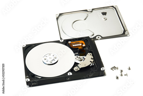 Open hard drive isolated on white background. Computer storage device. Computer hard drive HDD. computer memory