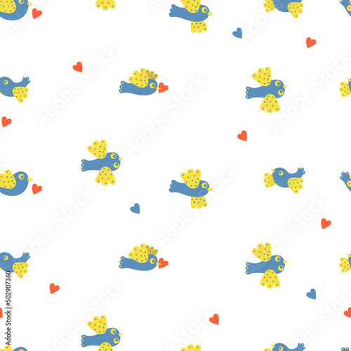 Seamless pattern with beautiful decorative flying birds on white background with heart. Vector illustration for decor, design, decoration, printing, textile and packaging, wallpaper