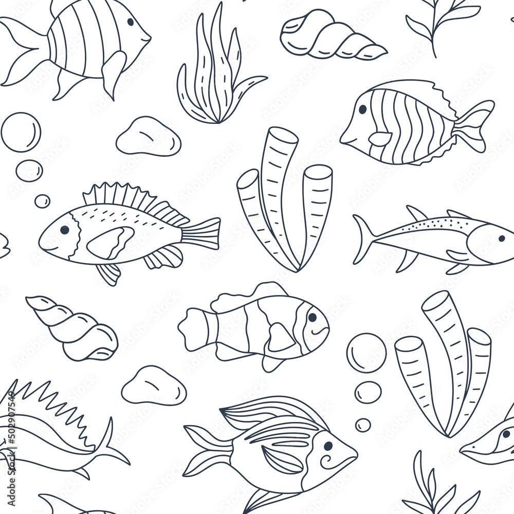 Marine underwater seamless pattern with fish and algae. Background