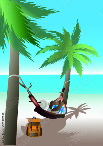 a beach with palm trees and a boy in a hammock