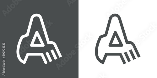 Logotipo restaurante con letra A con silueta de tenedor y cuchillo con líneas en fondo gris y fondo blanco