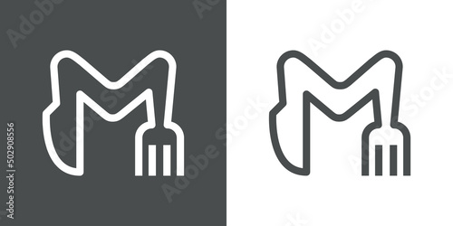 Logotipo restaurante con letra M con silueta de tenedor y cuchillo con líneas en fondo gris y fondo blanco