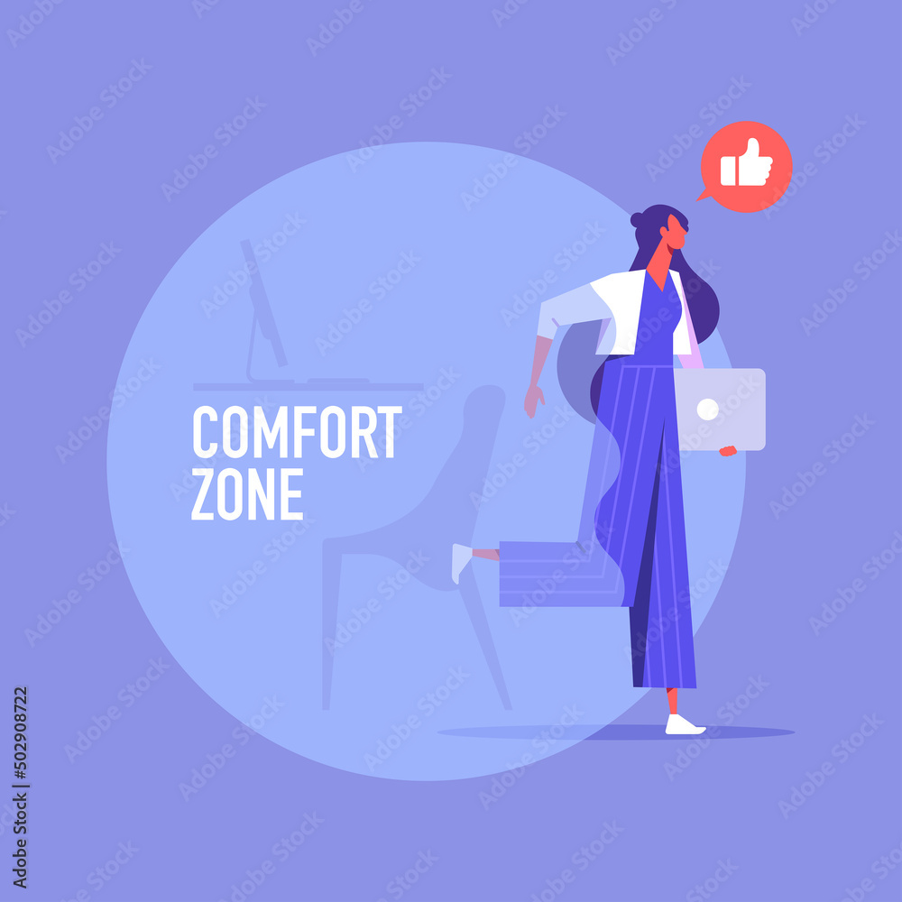 Exit from the comfort zone concept, businesswoman carefully stepping out of a comfort zone