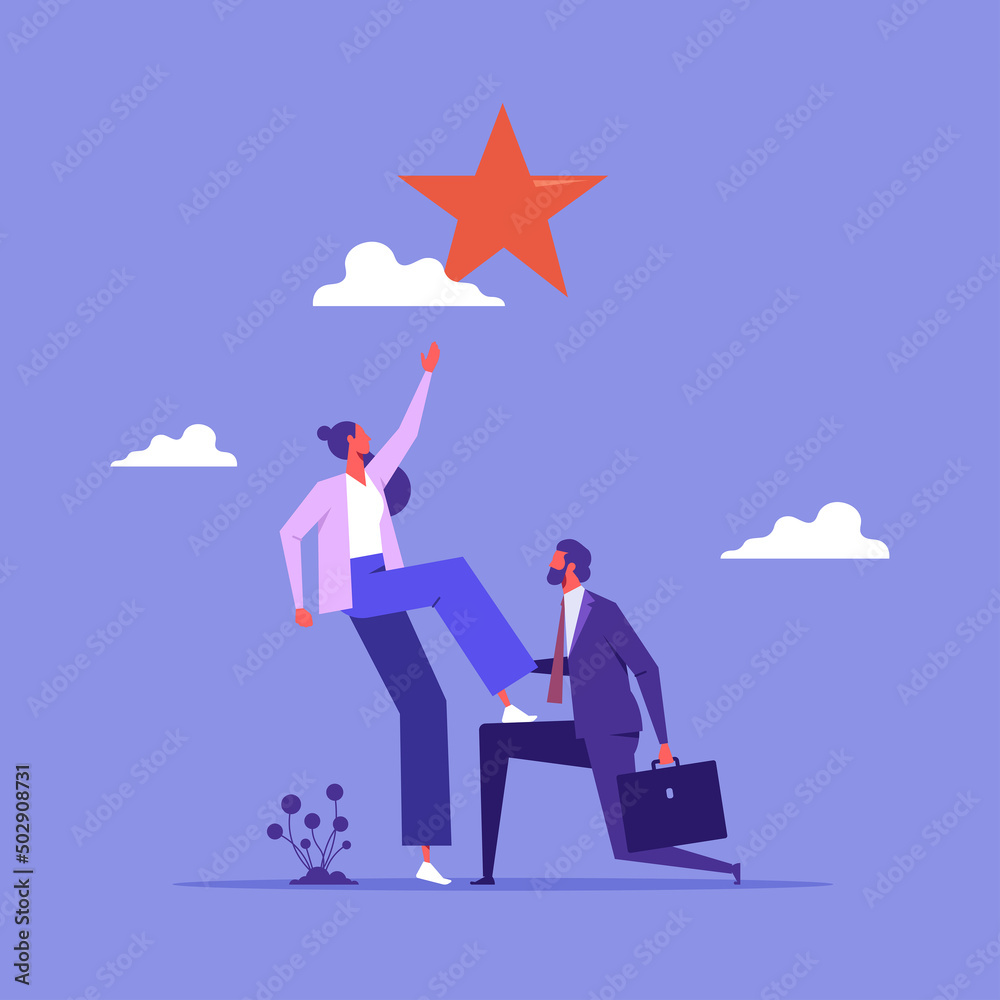 Teamwork or support to achieve business goal, partnership or manager mentorship to help success concept, businessman manager support colleague to stand on his knee to reach target Teamwork or support to achieve business goal, partnership or manager mentorship to help success concept, businessman manager support colleague to stand on his knee to reach target