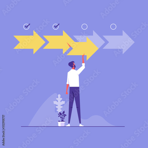 Businessman put forward arrow for progress metaphor of work on process