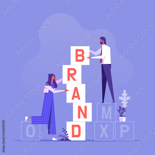 Brand building concept. Business people building brand word, company personality development. Corporate identity