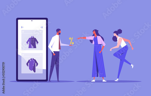 Man Standing near Shopping Discount Voucher. Reward Gifts and Money, cash back and discounts concept