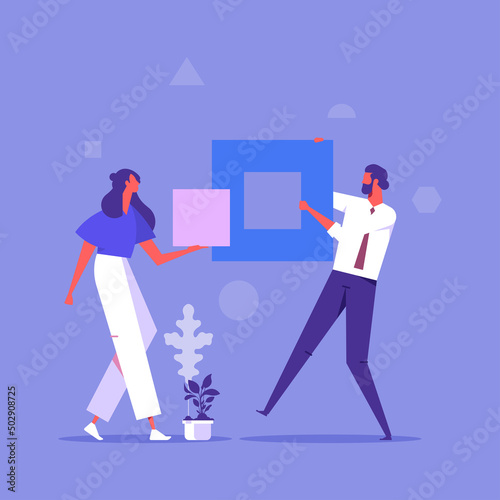 People working together to connecting the elements of the blocks. Teamwork, concept of good cooperation. Vector illustration