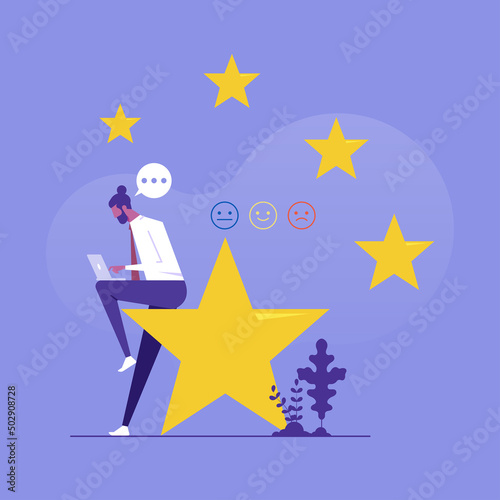 Rating on customer service illustration. Man sitting on star and holding tablet in his lap, rating feedback and review concept, flat vector illustration