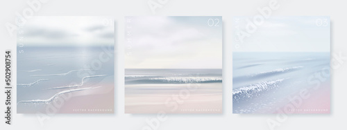 Set of vector landscape background. Beautiful illustration of sandy summer beach. Summer holidays poster or banner design template photo