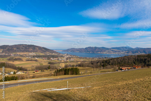 Panoramic view of die small village Abtsdorf and Attersee in Upper Austria. Image taken from Kronberg mountain. Tourism and vacations concept. 