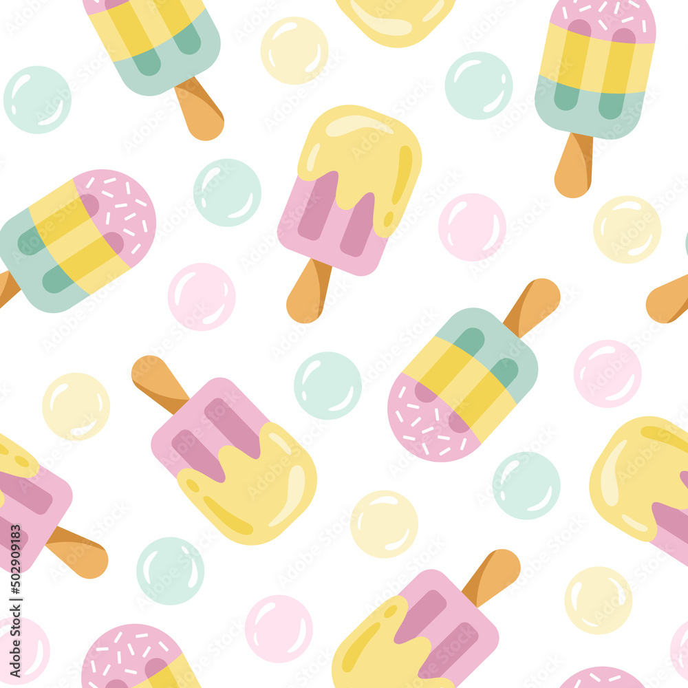 Cartoon ice cream seamless pattern. Tasty colorful ice cream on stick and soap bubbles. Summer, birthday, vacation or sweet food theme background. Vector desserts wallpaper in flat style. Cartoon ice cream seamless pattern. Tasty colorful ice cream on stick and soap bubbles. Summer, birthday, vacation or sweet food theme background. Vector desserts wallpaper in flat style.