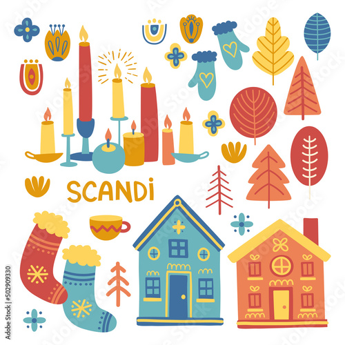 Set with house, candle, socks, branch, skates, gloves, scarf, tree, socks, cup, florals and leaves in scandinavian style. Folk art. Vector nordic illustrations.