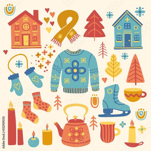 Set with house, candle, pullover, socks, branch, skates, gloves, scarf, tree, socks, hat, cup, teapot, florals and leaves in scandinavian style. Folk art. Vector nordic illustrations. photo
