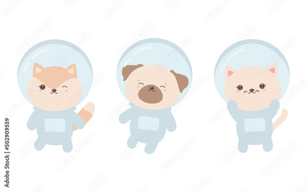 Set of cute kawaii animals astronauts in pastel colors. Funny dog, cat and fox in space suits. Vector Illustration isolated on white background