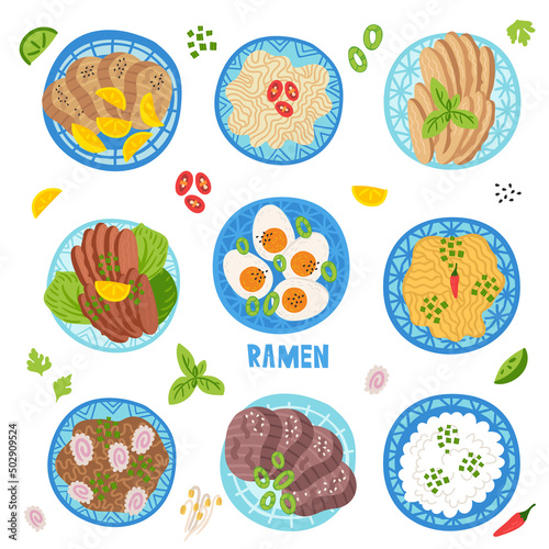 Ramen, udon, noodles in bowl on table. Top view. Vector illustration. Japanese soup, Ingredients in flat style. Asian food: miso, nori, rice, soybean sprouts, kamaboko, enoki, bok choy.