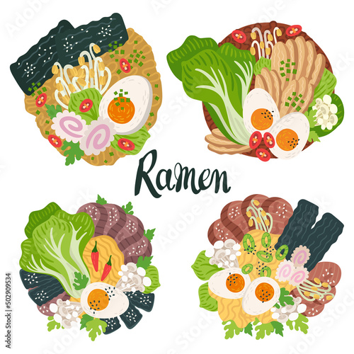 Ramen in bowl on table. Top view. Illustration with japanese soup in flat style. Asian food: miso, egg, nori, leek, noodles, pork, soybean sprouts, kamaboko, Enoki, Bok choy. Vector round composition.