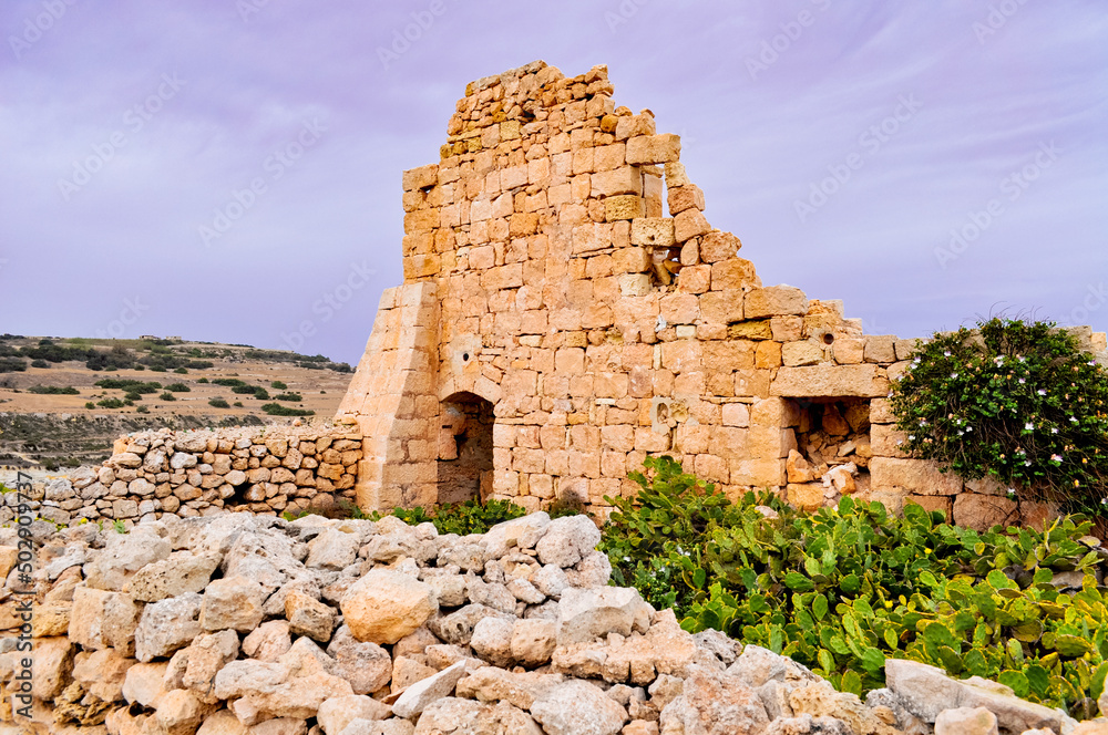 Ruins of an old fortress on St. Paul's Island, near the town of Buggiba in Malta, Europe.