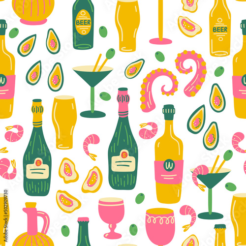Seamless pattern with products and drink. Scandinavian food illustration in flat style. Cartoon texture with hand drawn food vector doodle clipart: octopus, olives, oysters, wine, beer, shrimp.