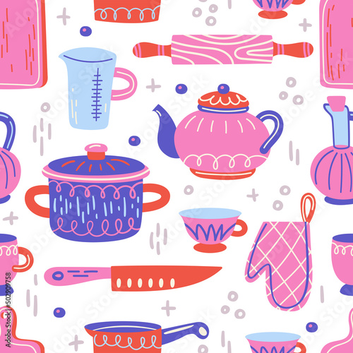 Seamless pattern with kitchen utensil and appliance. Scandinavian illustration of kitchen elements in flat style. Cartoon texture with hand drawn food preparation, kitchenware. Vector doodle clipart.