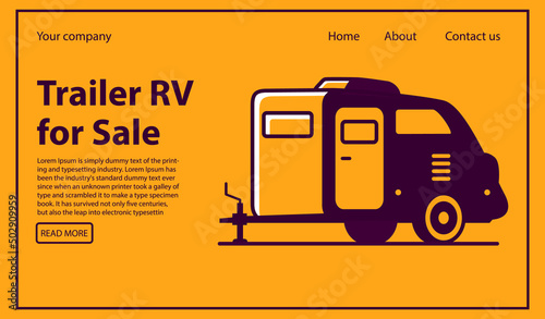 Rv camper trailer purchase.Truck camper sale.Travel trailers.Motorhome caravan car.Website banner concept.Line art vector illustration.
