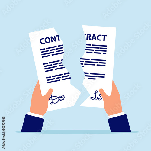 Contract breach and break. Terminated contract.Document cancellation.Agreement in hand for destruction.Vector flat illustration.