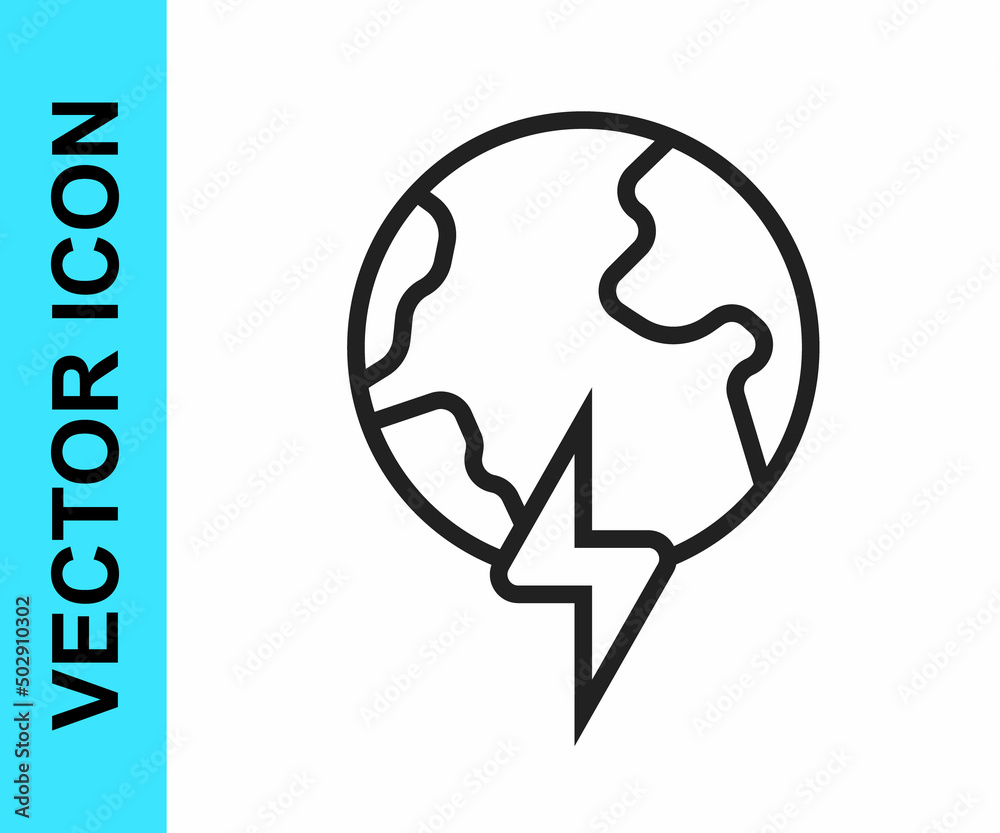 Black line Global energy power planet with flash thunderbolt icon isolated on white background. Ecology concept and environmental. Vector Black line Global energy power planet with flash thunderbolt icon isolated on white background. Ecology concept and environmental. Vector