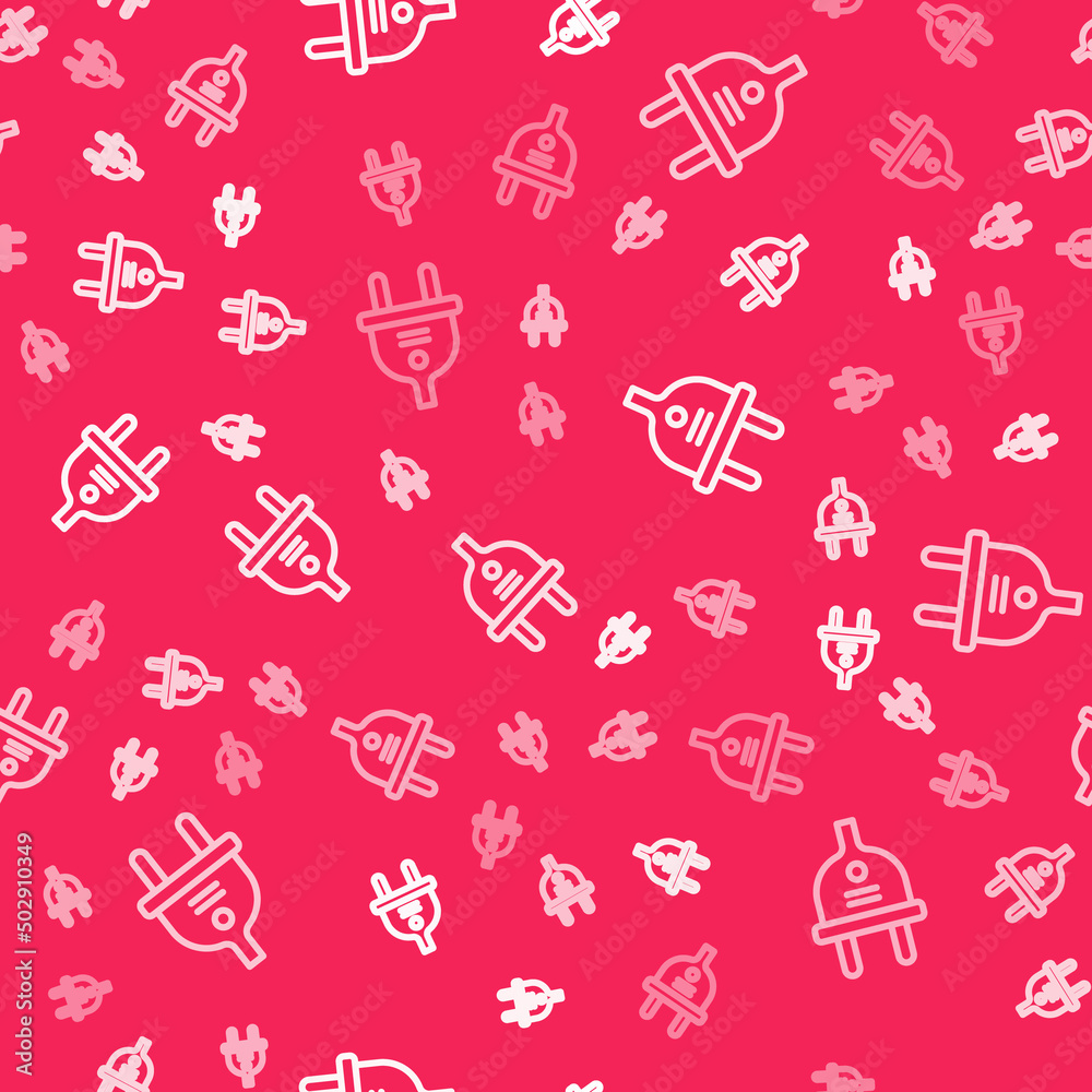 White line Electric plug icon isolated seamless pattern on red background. Concept of connection and disconnection of the electricity. Vector White line Electric plug icon isolated seamless pattern on red background. Concept of connection and disconnection of the electricity. Vector