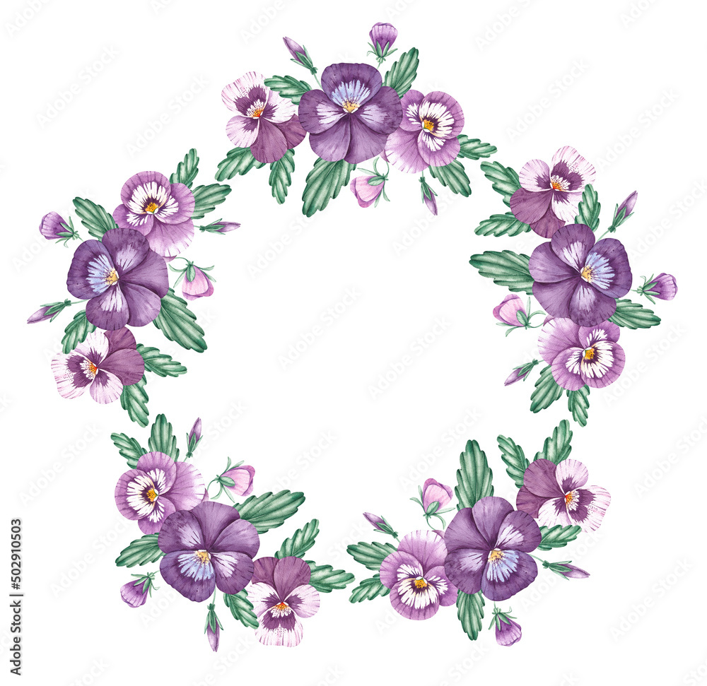 Watercolor wreath of pansies on a white background