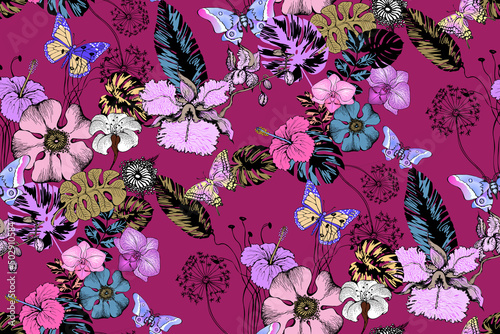 Fantastic flowers. Seamless pattern. Suitable for fabric, wrapping paper and the like photo