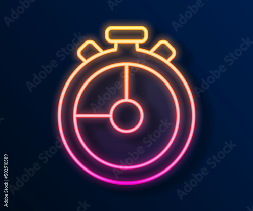 Glowing neon line Stopwatch icon isolated on black background. Time timer sign. Chronometer sign. Vector