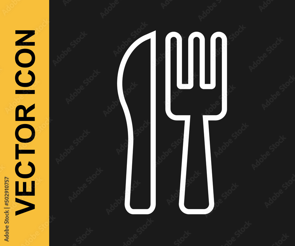 Fototapeta premium White line Crossed knife and fork icon isolated on black background. Cutlery symbol. Vector