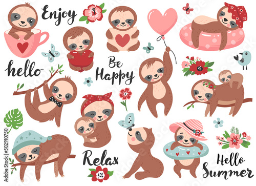 Cute sloth with calligraphy quotes. Hand drawn vector illustration.