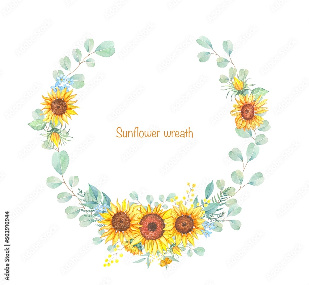 Wreath with sunflowers, watercolor illustration isolated on white background