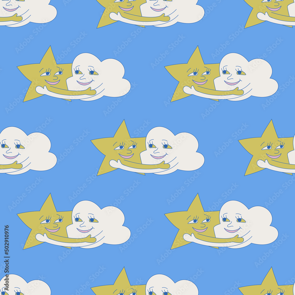 Star and cloud embrace vector seamless pattern. Cute repeat background for textile, design, fabric, cover etc. Star and cloud embrace vector seamless pattern. Cute repeat background for textile, design, fabric, cover etc.