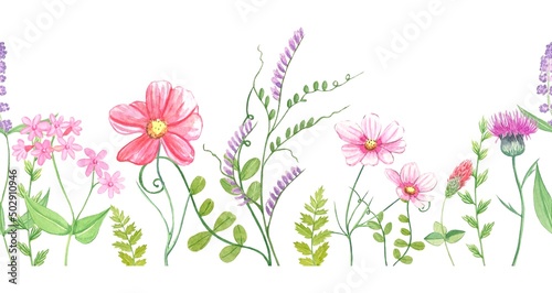 Watercolor floral seamless border with colorful wildflowers  leaves.