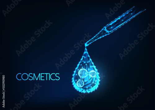 Futuristic moisturizer, cosmetics innovative formula concept with glowing pipette, droplet, molecule