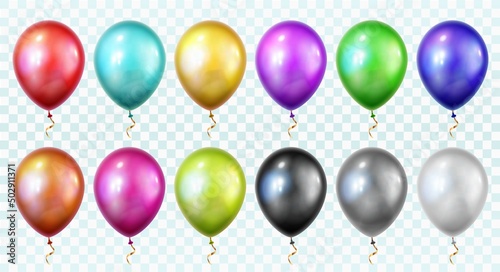 Balloon set isolated on transparent background. 3d helium balloons template for anniversary, birthday party design
