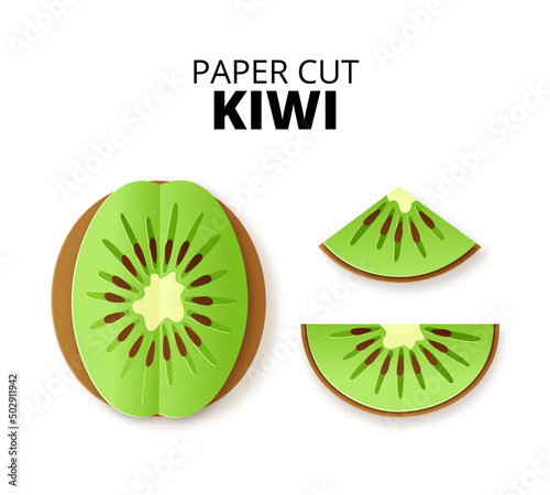 Set of kiwi fruit sliced whole in a paper cut style. Kiwi slices and paper slices. Vector paper cut poster, banner, design template. Origami art. Vector illustration isolated on white background