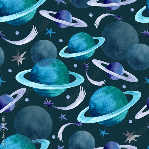 Mysterious planets in space and shooting stars watercolor seamless pattern on dark background