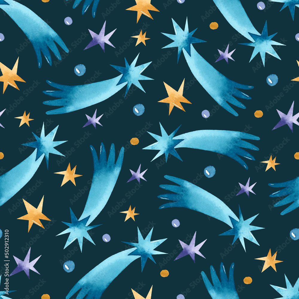 Blue shooting stars watercolor seamless pattern on dark background wallpaper Blue shooting stars watercolor seamless pattern on dark background wallpaper
