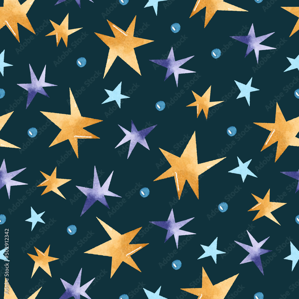 Yellow, purple and blue stars with dots watercolor seamless pattern on dark background Yellow, purple and blue stars with dots watercolor seamless pattern on dark background