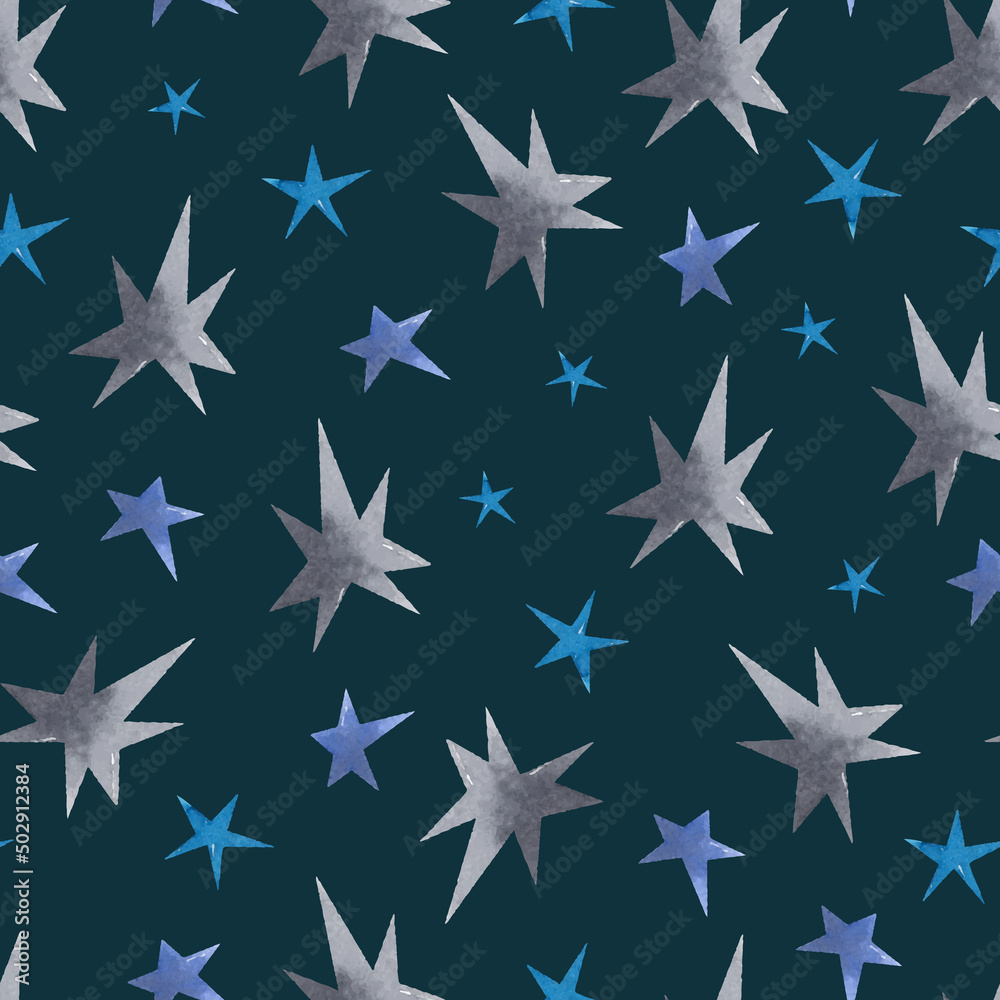 Blue and grey stars and dots watercolor seamless pattern on dark background Blue and grey stars and dots watercolor seamless pattern on dark background