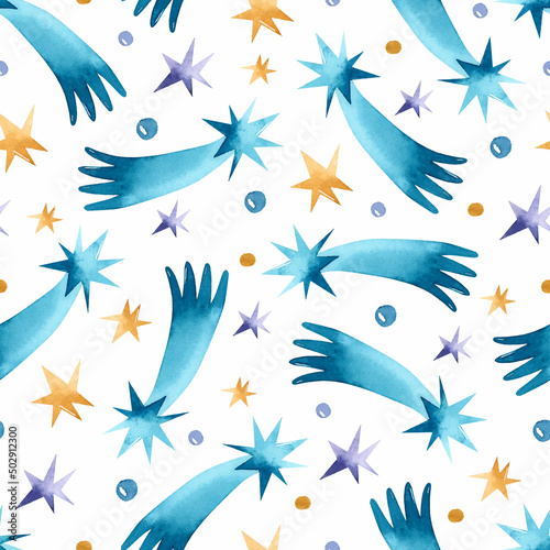 Blue shooting stars watercolor seamless pattern wallpaper