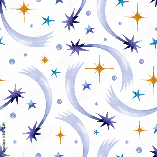 Purple shooting stars with yellow and blue stars watercolor seamless pattern wallpaper	