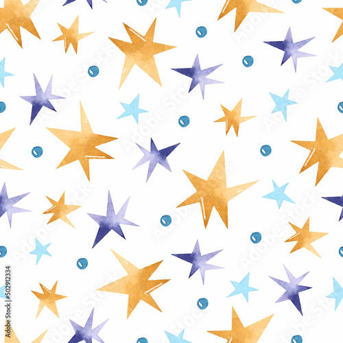 Yellow, purple and blue stars with dots watercolor seamless pattern on white background 